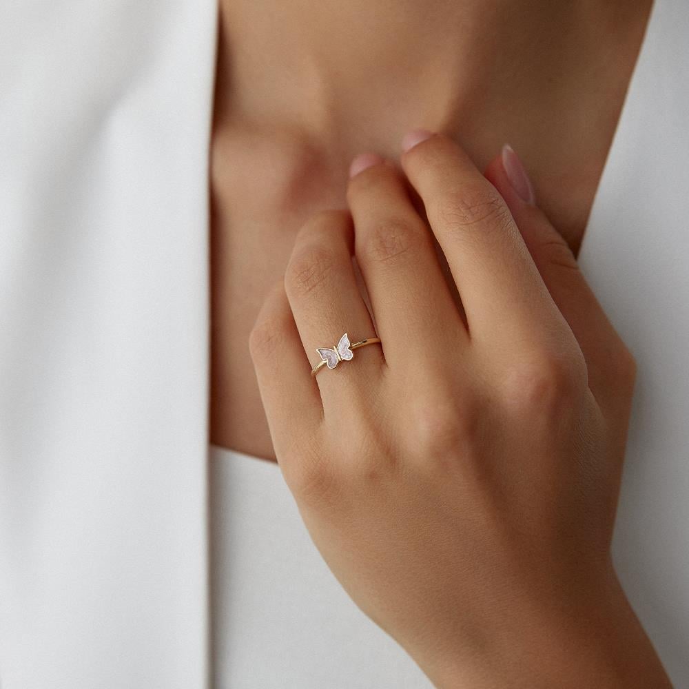 Minimal Sedefli Kelebek Figür Altın Yüzük - Image 3