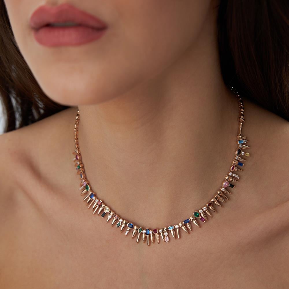 Multi-Color Renkli Taşlı Tasarım Rose Altın Kolye - Image 2