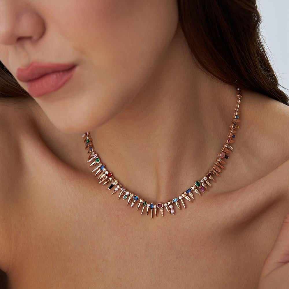 Multi-Color Renkli Taşlı Tasarım Rose Altın Kolye - Image 3