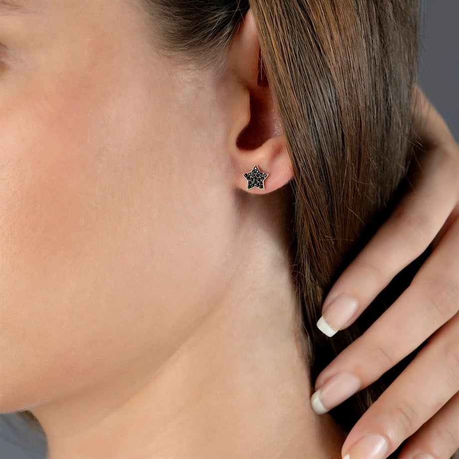 Onyx Taşlı Minimal Pimli Yıldız Küpe - Image 2