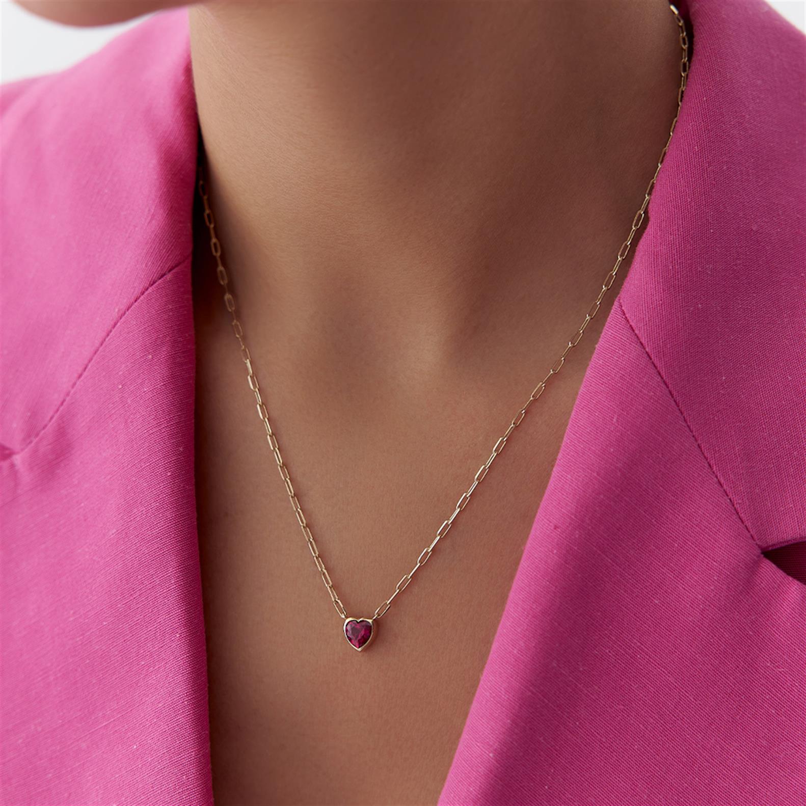 Renkli Taşlı Ataç Zincir Minimal Kalp Kolye - Image 5