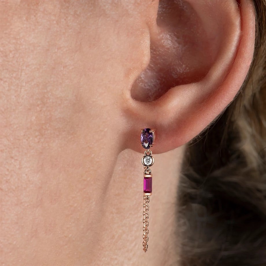 Renkli Zirkon Taşlı Sallantılı Küpe - Image 3