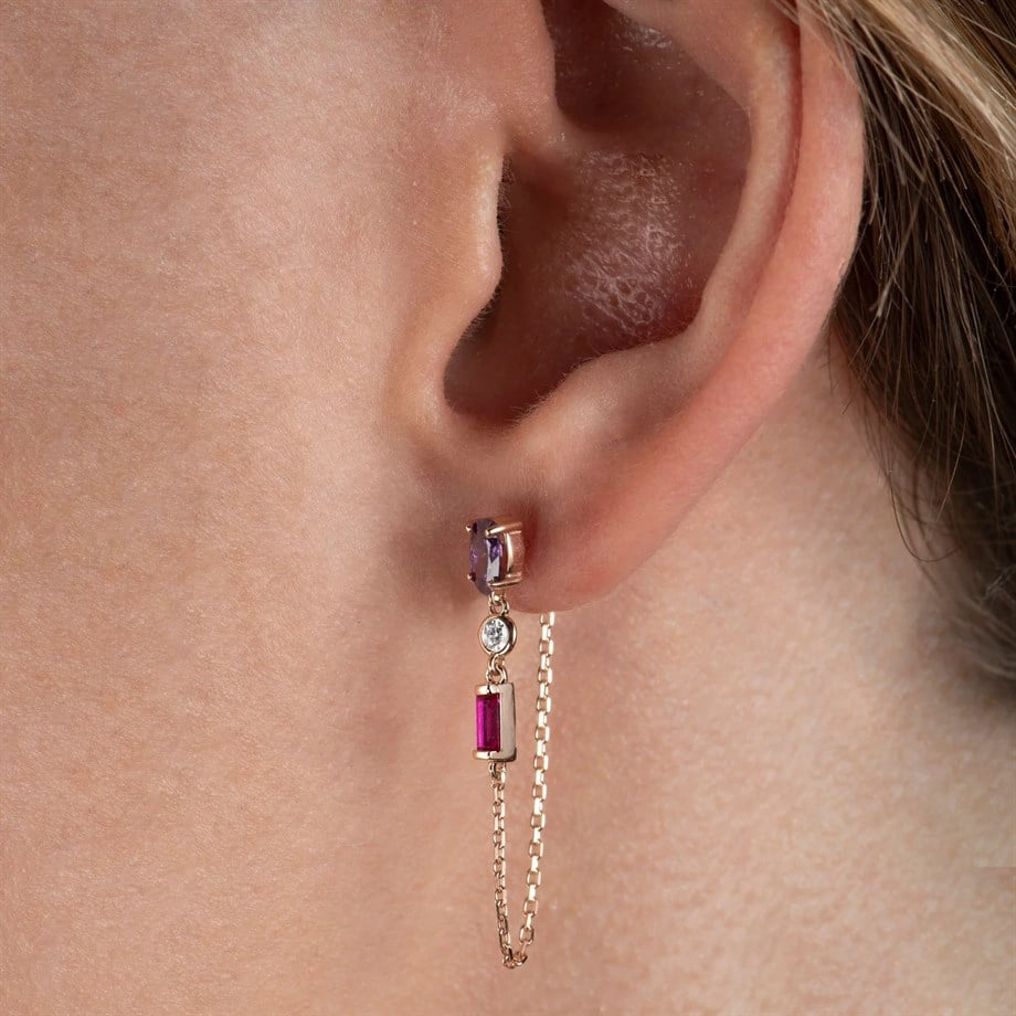 Renkli Zirkon Taşlı Sallantılı Küpe - Image 2