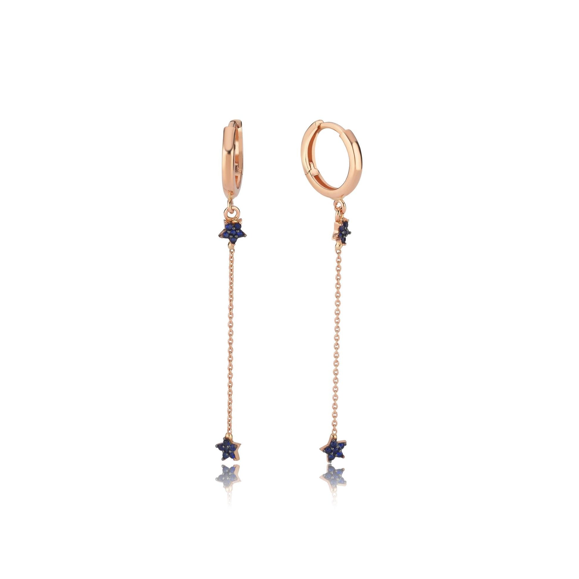 Sallantılı Minimal Mavi Zirkon Taşlı Çift Yıldız Küpe - Image 1