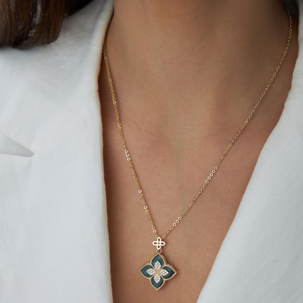 Yeşil Mineli Yonca Tasarım Altın Kolye - Image 2