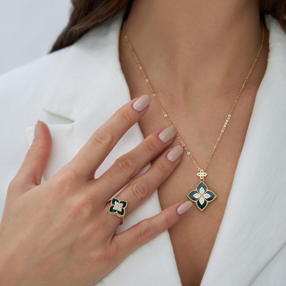 Yeşil Mineli Yonca Tasarım Altın Kolye - Image 2